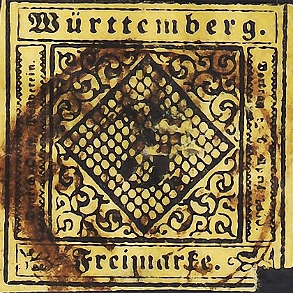 Германия , Wurttemberg 1851 год . Стандарт . Цифра в рамке , 3 kr . Каталог 11,5 фунтов . 